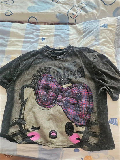 Y2K Hello Kitty Girls Short Sleeve Anime Sanrios Cartoon Cute Summer Sweet Cotton Women T-Shirt Kawaii Casual Loose Trend Tops Badiee Stylez