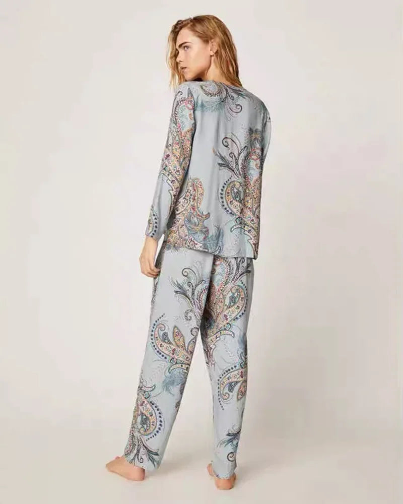 Japanese new spring and autumn new style cotton viscose ladies long-sleeved suit feather big flower home service pijamas women