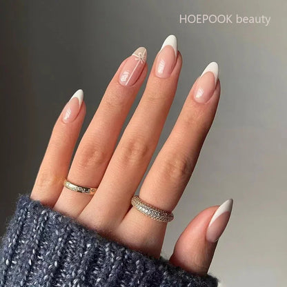 24pcs Nude French Fake Nails White Edge Almond False Nails Art Full Coverage Removable Waterproof Artificial Press on Nail JP1576