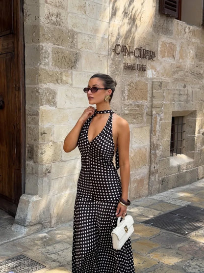 Trendix Polka Dot Print Backless Dress Women Summer Sexy Deep V Neck Sleeveless Off Shoulder Maxi Dresses Elegant Evneing Dress