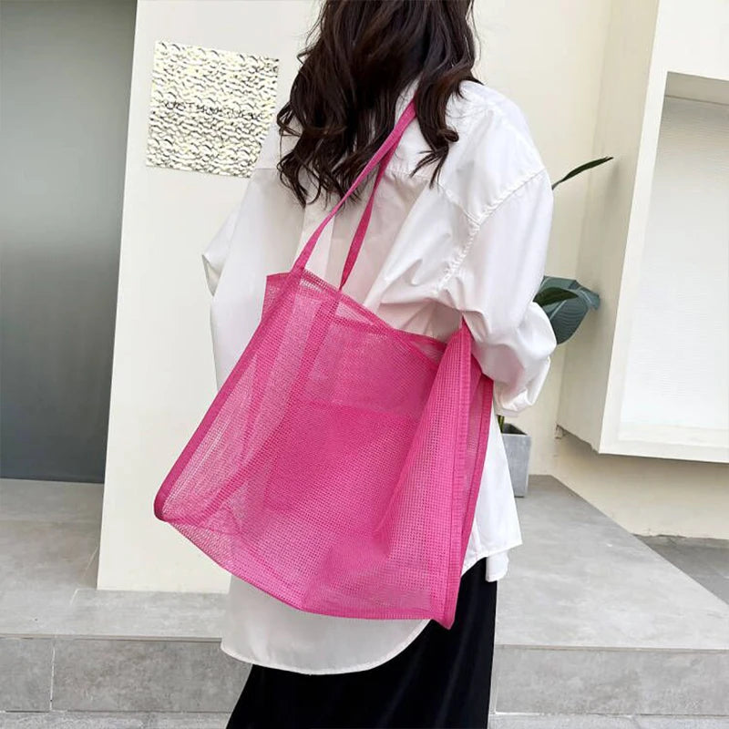 Summer Fashion Mesh Handbag Totes Hollow Out Shoulder Bags For Women Female Casual Fashion Large Capacity Shopping Pack
