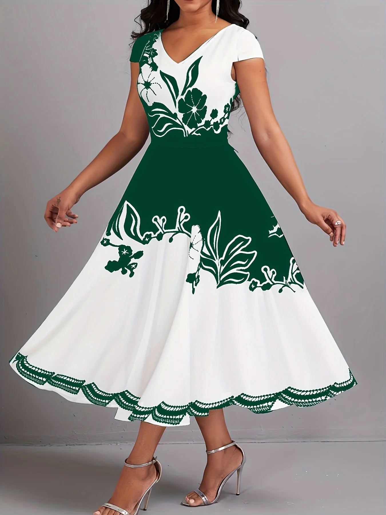 Plus Size Peplum Floral Print Dress - Elegant V-Neck, Short Sleeves, Scalloped Hem, Medium Stretch, Zipper Closure, Machine Wash army green