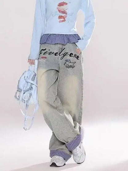 Y2K fashion retro cartoon embroidered women wide-leg jeans casual Harajuku loose pants street personality high-waisted jeans