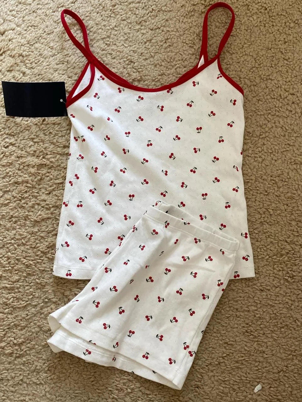 Blue Striped Tank Shorts Pajama Set Women Summer Sleeveless Crop Top+Elastic Waist Straight Short Pant Cotton Home 2 Piece Sets Cherry print set One Size