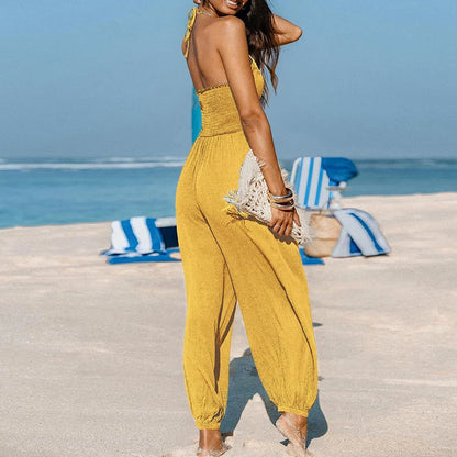 Sexy Deep V-neck Pleated Women Jumpsuit 2025 Spring Fashion Solid Pocket Romper Playsuit Summer Hollow Backless Lace-up Overalls