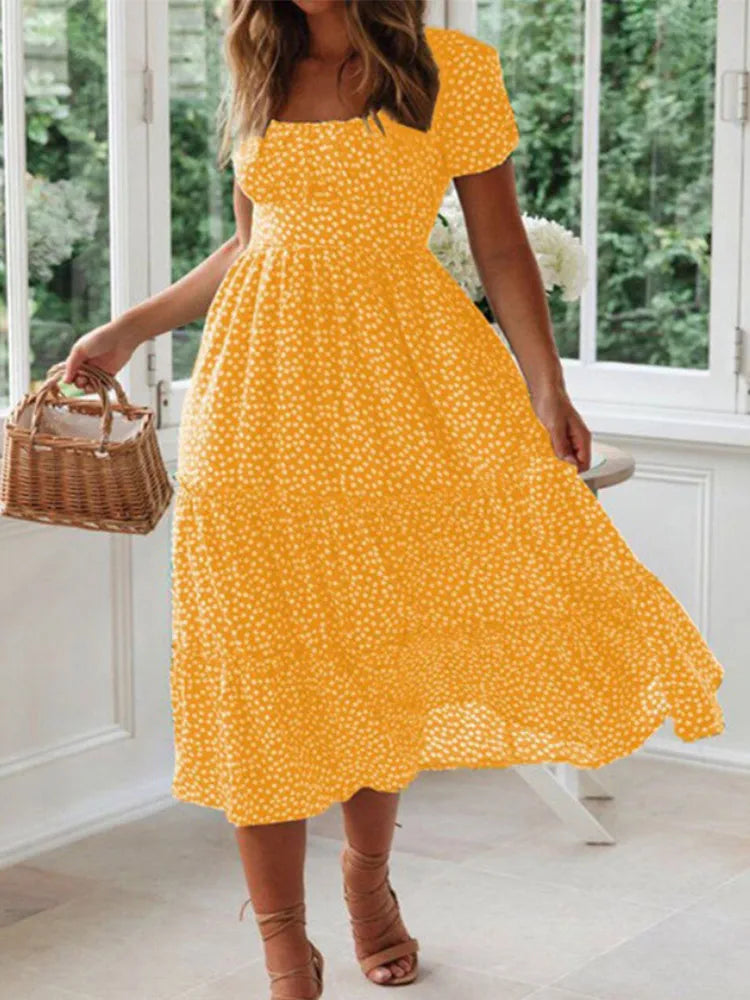 Vestidos Vintage Vintage Print Puff Sleeve summer Beach sweet dresses Casual Square collar floral maxi long dress festa Yellow