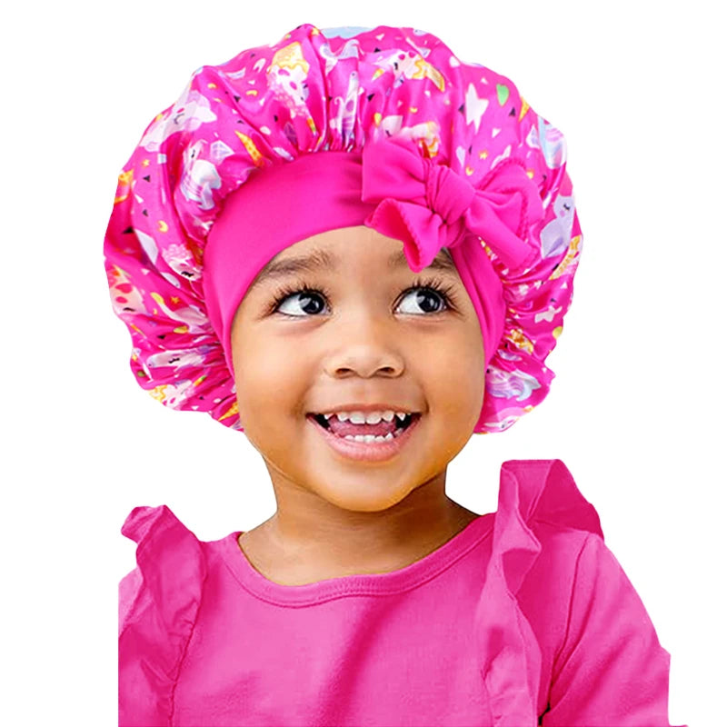 New Kids Unicorn Satin Bonnet Wide Elastic Band Ribbon Sleeping Cap Curly Natural Hair Child Night Caps Shower Cap Headscarf Badiee Stylez