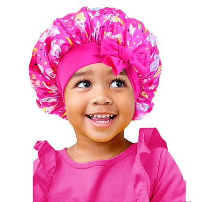 New Kids Unicorn Satin Bonnet Wide Elastic Band Ribbon Sleeping Cap Curly Natural Hair Child Night Caps Shower Cap Headscarf Badiee Stylez