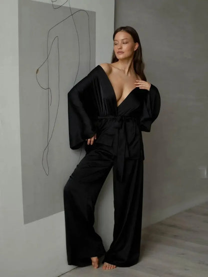 Mozuleva Solid Color Long Sleeved Pants Pajama 2-Piece Set Women's Autumn Winter Lace Up Nightgown Comfortable Home Clothing