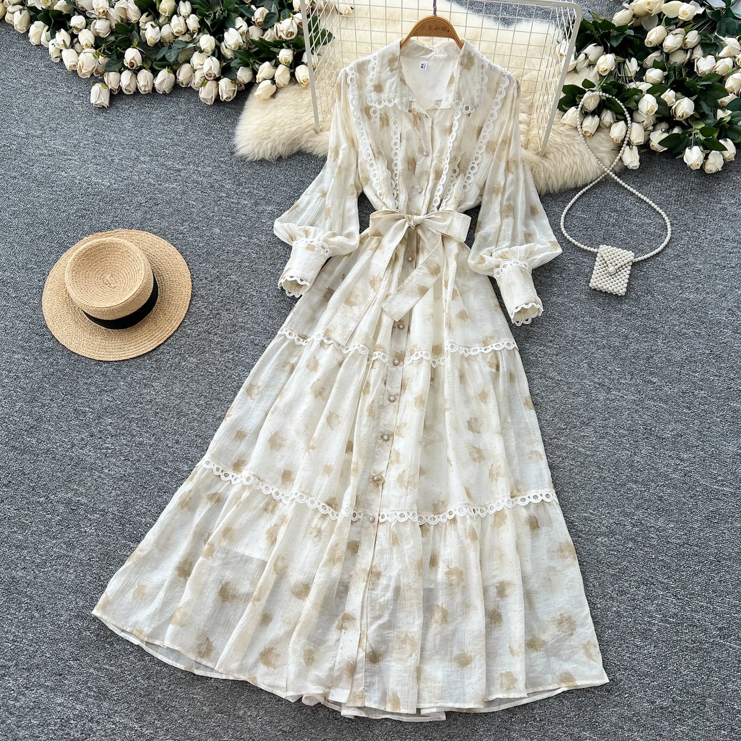 Chic vintage rhinestone lace-up slim Elegant Fairy korean fashion Boho Sundress women clothing Long dress