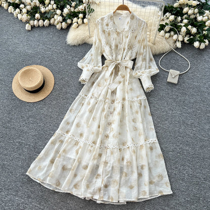 Chic vintage rhinestone lace-up slim Elegant Fairy korean fashion Boho Sundress women clothing Long dress