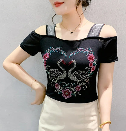 Aoxison Summer Short Sleeved Women's T-Shirt Elegant Slim Shiny Love Heart Diamonds Mesh Tops Chic Girl Sexy Off Shoulder Tees Black5