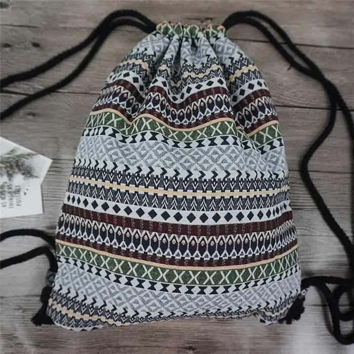 2025 Women Fabric Backpack Female Gypsy Bohemian Boho Chic Aztec Ibiza Tribal Ethnic Cottage Soft Brown Drawstring Rucksack Bags NO 10