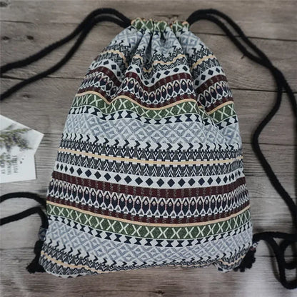 2025 Women Fabric Backpack Female Gypsy Bohemian Boho Chic Aztec Ibiza Tribal Ethnic Cottage Soft Brown Drawstring Rucksack Bags NO 10