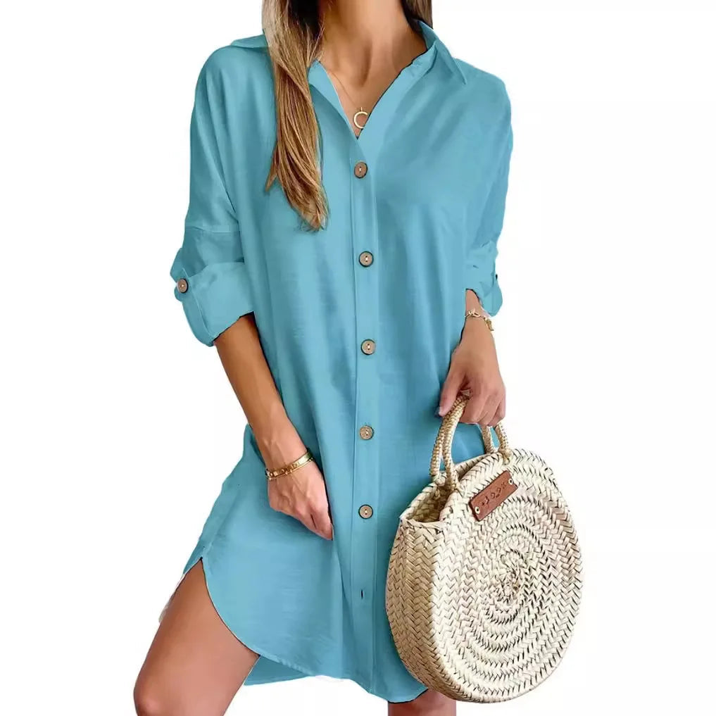 Elegant Women's White Spring And Autumn Casual Long Sleeved Lapel Button Up Shirt Dress 2024 Fashionable Woman Loose Mini Dress Badiee Stylez
