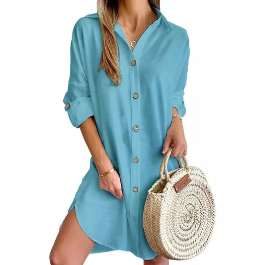 Elegant Women's White Spring And Autumn Casual Long Sleeved Lapel Button Up Shirt Dress 2024 Fashionable Woman Loose Mini Dress Badiee Stylez
