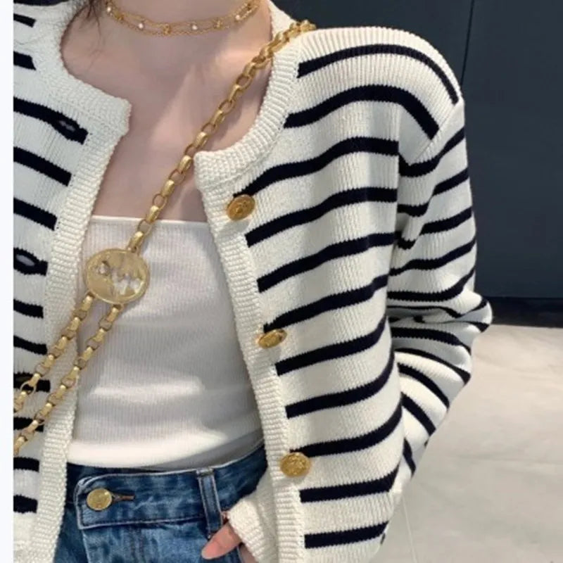 Stripe Knitted Cardigan Women Spring Autumn O-neck Single Breasted Long Sleeve Crop Tops Fashion Casual Chic Female Sweaters Badiee Stylez