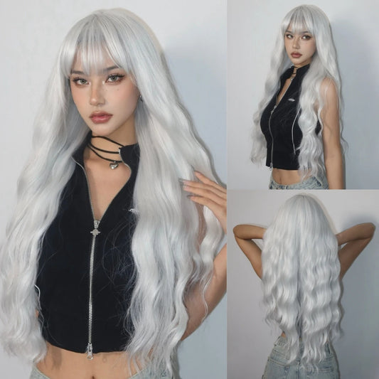 Super Long Curly Silver Synthetic Wig with Fluffy Bangs White Water Wave Hair Wigs for Women Daily Use Cosplay Colored Hair Wig WL1208-1