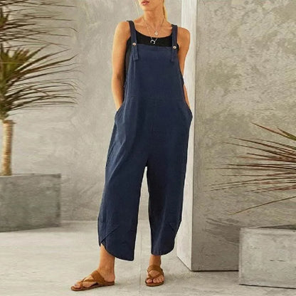Women Loose Wide Leg Overalls Summer Adjustable Solid Color Cotton Linen Baggy Full Trousers Female Jumpsuits Oversized