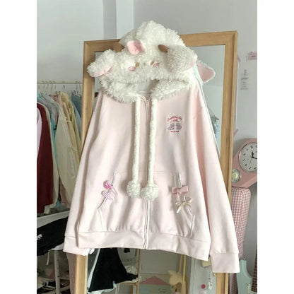Vintage Kawaii Long Sleeve Loose Coat with Hooded Women Japanese Cute Zipper Sweatshirts Female Casual Y2k Jacket Overcoat Chic Badiee Stylez
