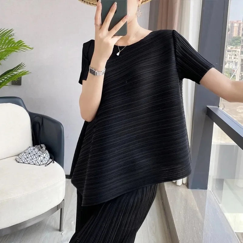 2025 Fold Fashion Summer Shirts Short-Sleeved T Shirt Women's Sleeveless Vest Waistcoat Tops Loose Blouse Shirt Tee Female black short sleeves One Size