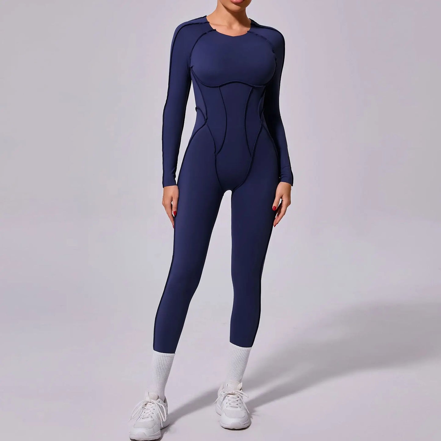 New Autumn/Winter Women's One-piece Yoga Jumpsuit leggings Long-sleeved Sexy Backless Slim Fit Sports Outfit DEEP BLUE