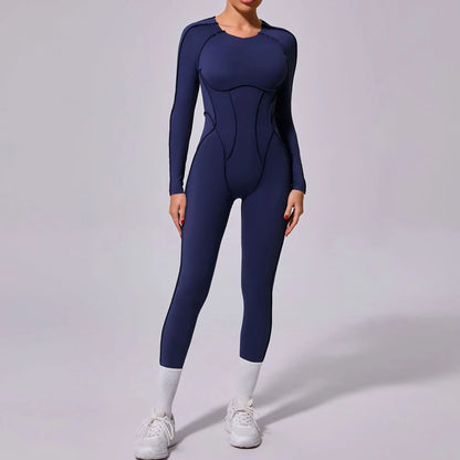 New Autumn/Winter Women's One-piece Yoga Jumpsuit leggings Long-sleeved Sexy Backless Slim Fit Sports Outfit DEEP BLUE