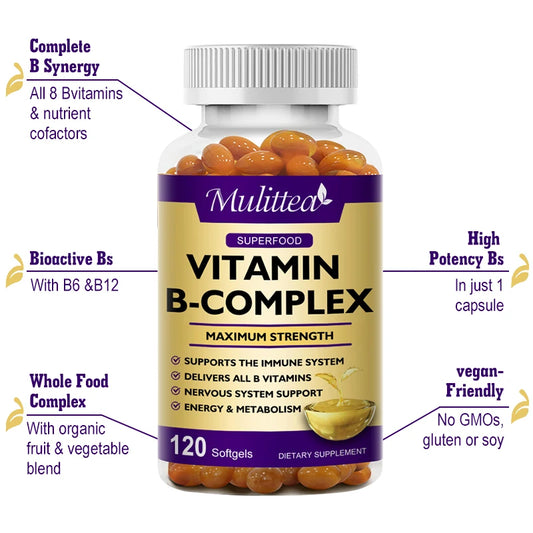 Mulittea 3X Complex Vitamin B Supplements (B12 B2 B6)for Relieve Stress Improve Immunity System Energy Support