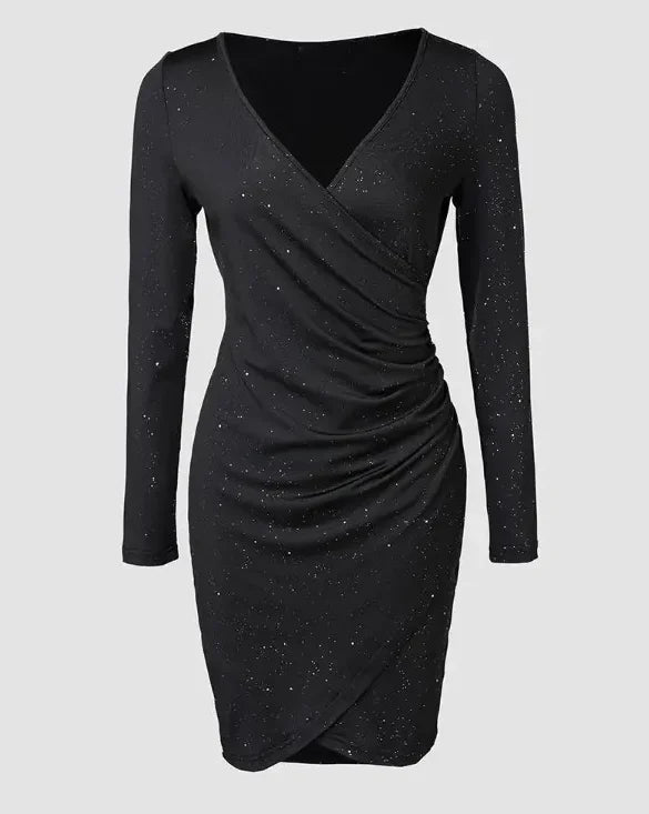 Elegant Black V-Neck Long Sleeve Mini Dress with Glitter Detail - Stretchy Polyester  Ruched Cocktail Party Gown for Women, Cock Badiee Stylez