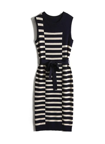 2025 Summer New Over-knee Long Temperament Slim Waist Vest Sleeveless Slim Striped Knitted Dress