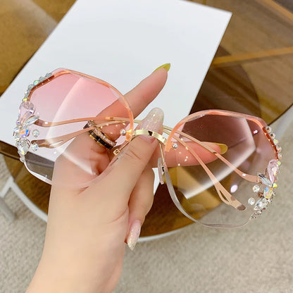 Women's New Diamond-encrusted Sunglasses Rimless Cut Edge Sunglasses Big Face Slimming Sunglasses Pink