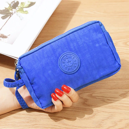 Bags Fabric Phone Purse Solid Color Coin Purse Three Zippers Bags Korean Style Wallets Women Wallets Wrinkle Clutch Bag blue