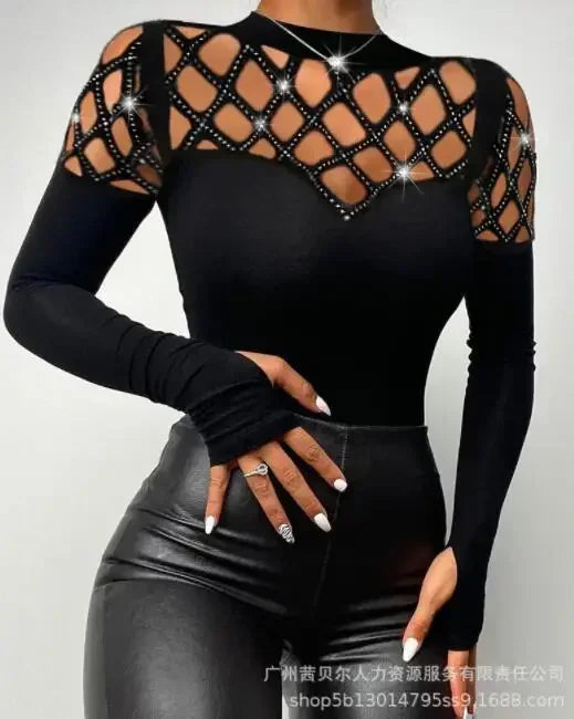 Contrast Lace Long Sleeve Cold Shoulder Bodysuit Women Top Romper Solid Color Fashion Sexy Slim Skinny Bodysuits LZS4142S