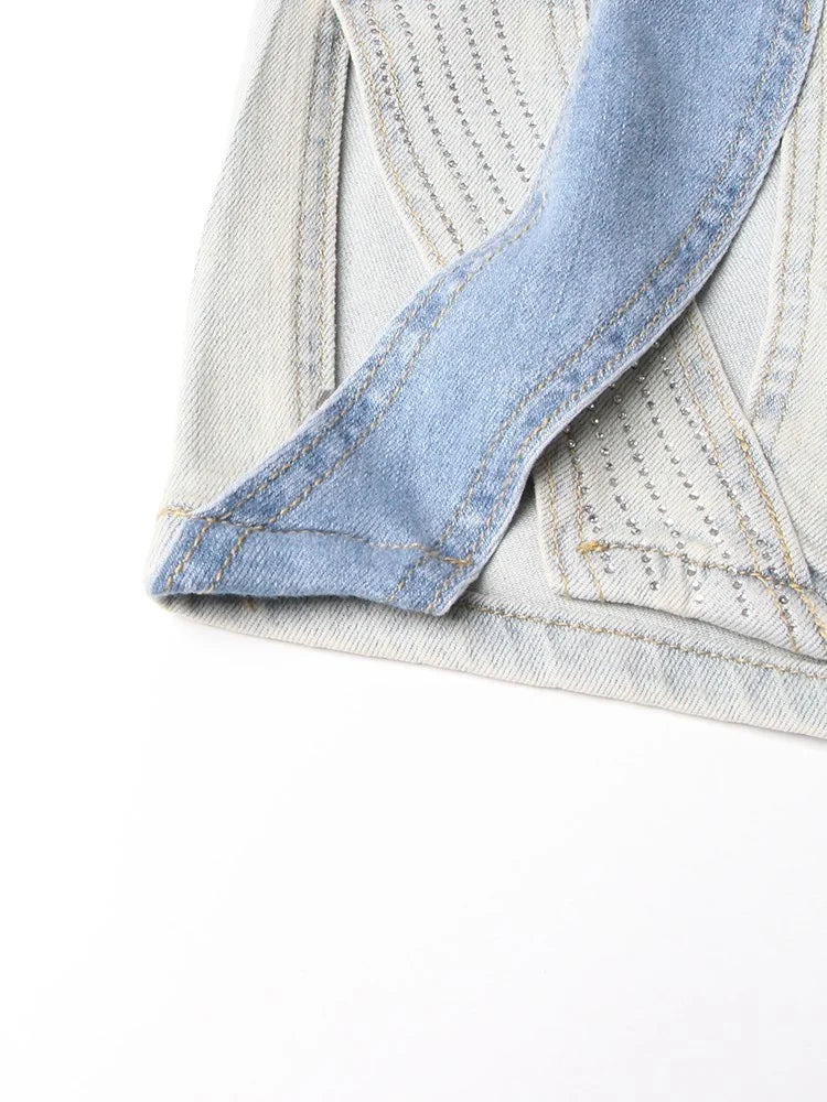 VGH Crisscross Hit Color Streetwear Denim Trousers For Women High Waist Patchwork Pockets Hollow Out Split Pants Female 2024