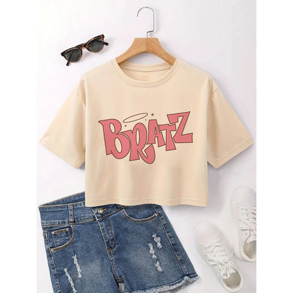 Gothic Bratz Cropped Print Crew Neck T-shirt Y2K Short Sleeve Tight Fit Crop Top Spring Summer Women's Clothing kaqi-79171