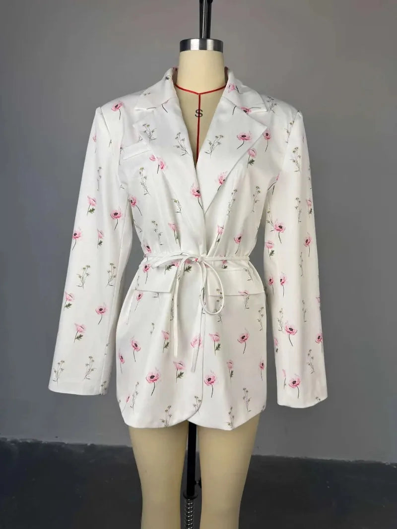 Women's Flower Printed Loose Suit 2025 Spring/Summer New Fashion Collar Belted Waist - Cinching Suit Jacket