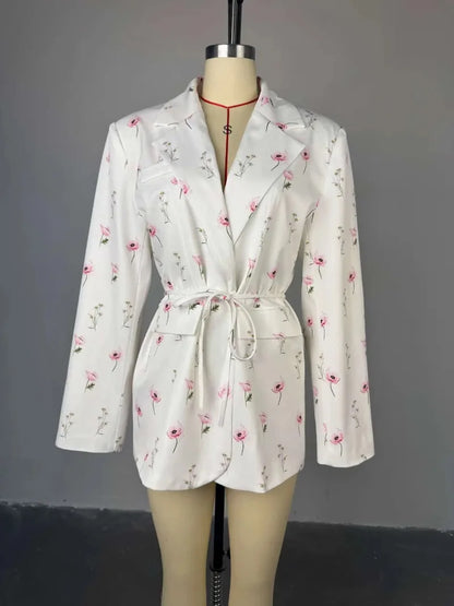 Women's Flower Printed Loose Suit 2025 Spring/Summer New Fashion Collar Belted Waist - Cinching Suit Jacket