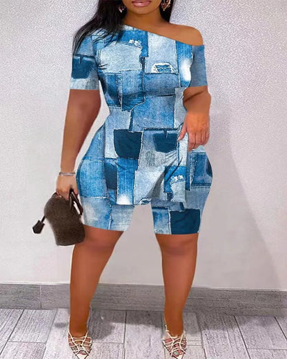 Print Two Piece Shorts Sets Women Skew Collar Short Sleeve Shirts Side Split Tops Pullover Elastic Waist Trousers Summer 2025