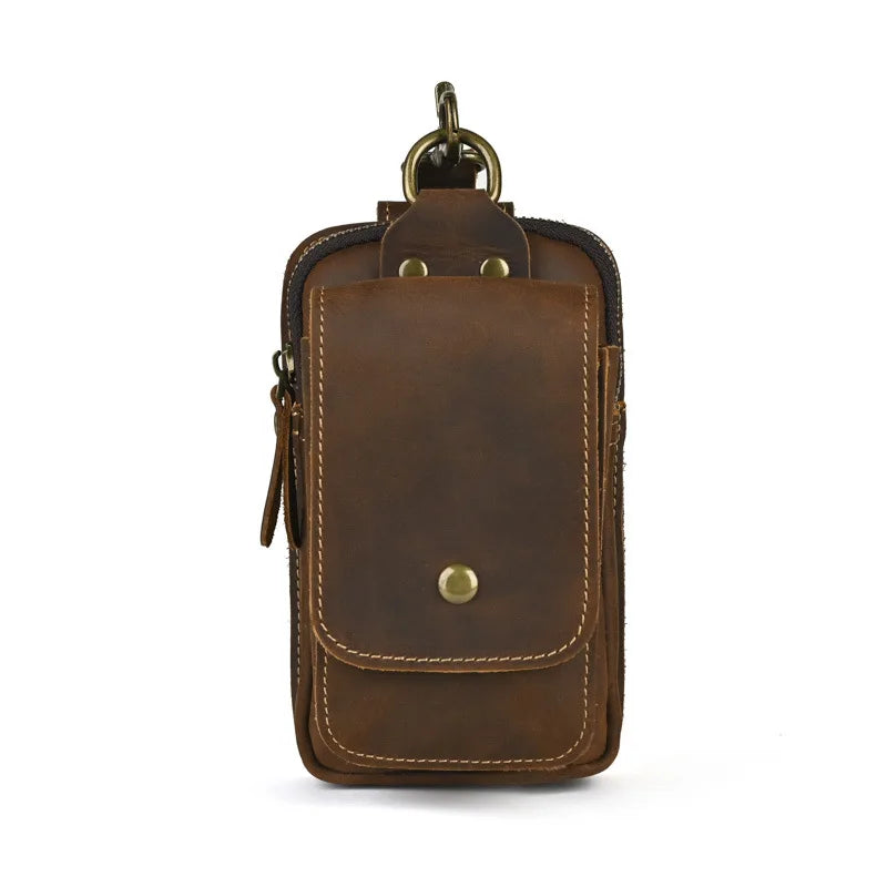 Hardware Clasp Waist Bags Men First Layer Genuine Leather Hang Bag Cowhide Wallets through the belt Zipper Retro Phone Purse Brown