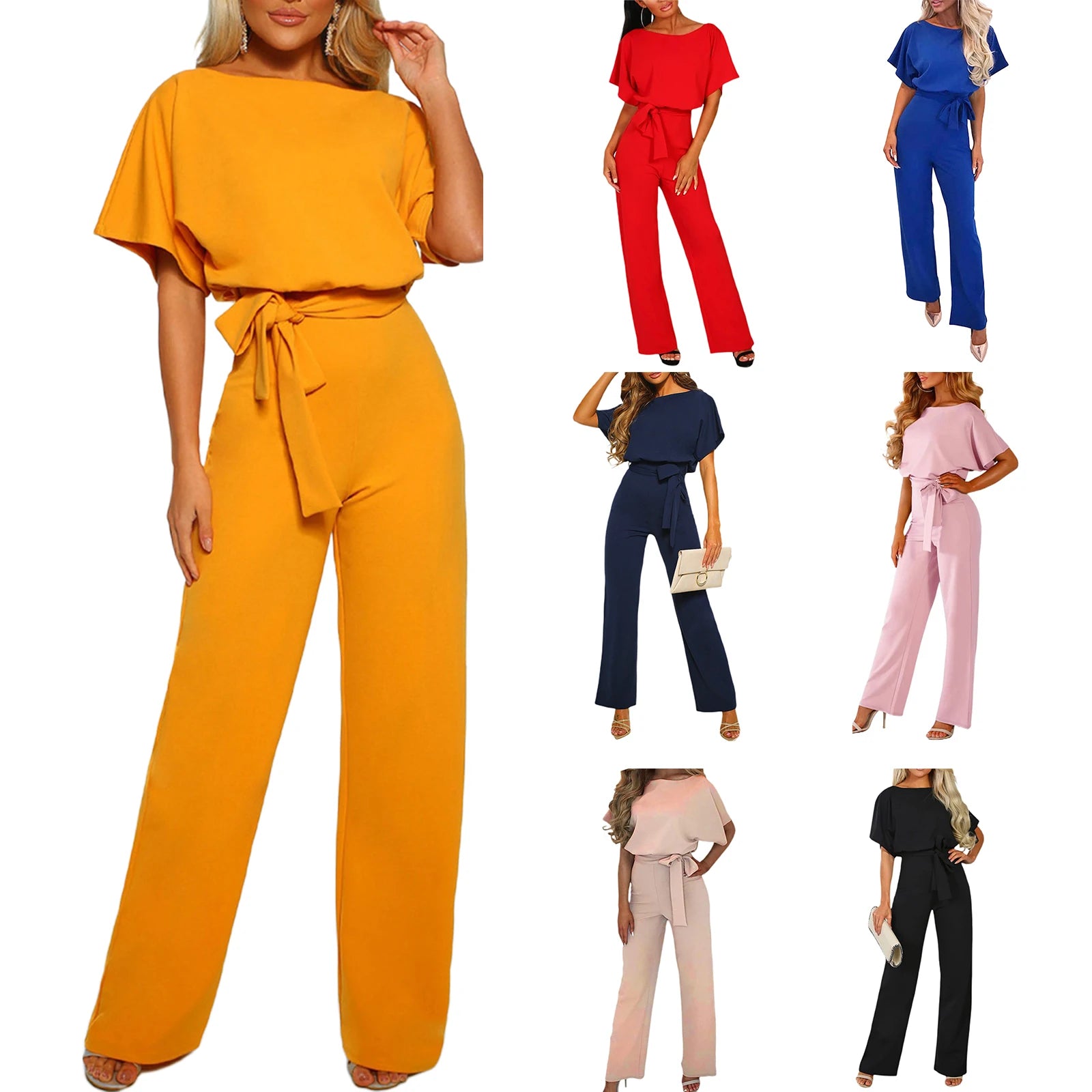 Women's clothing summer 2024 Jumpsuit, Elegant Short Sleeve Hollowed Waist Tie Solid Summer Wide Leg Pants Badiee Stylez
