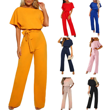 Women's clothing summer 2024 Jumpsuit, Elegant Short Sleeve Hollowed Waist Tie Solid Summer Wide Leg Pants Badiee Stylez