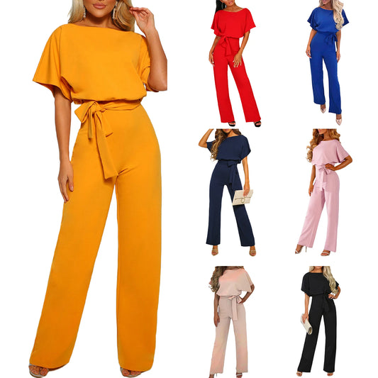 Women's clothing summer 2024 Jumpsuit, Elegant Short Sleeve Hollowed Waist Tie Solid Summer Wide Leg Pants Badiee Stylez
