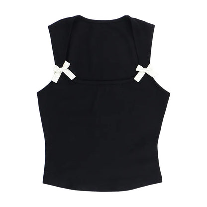 Y2K Women'S Bow Tie-Up Tank Tops Wide Shoulder Straps Bandage Camisole Sexy Low Cut Crop Tops Female Vest Tops