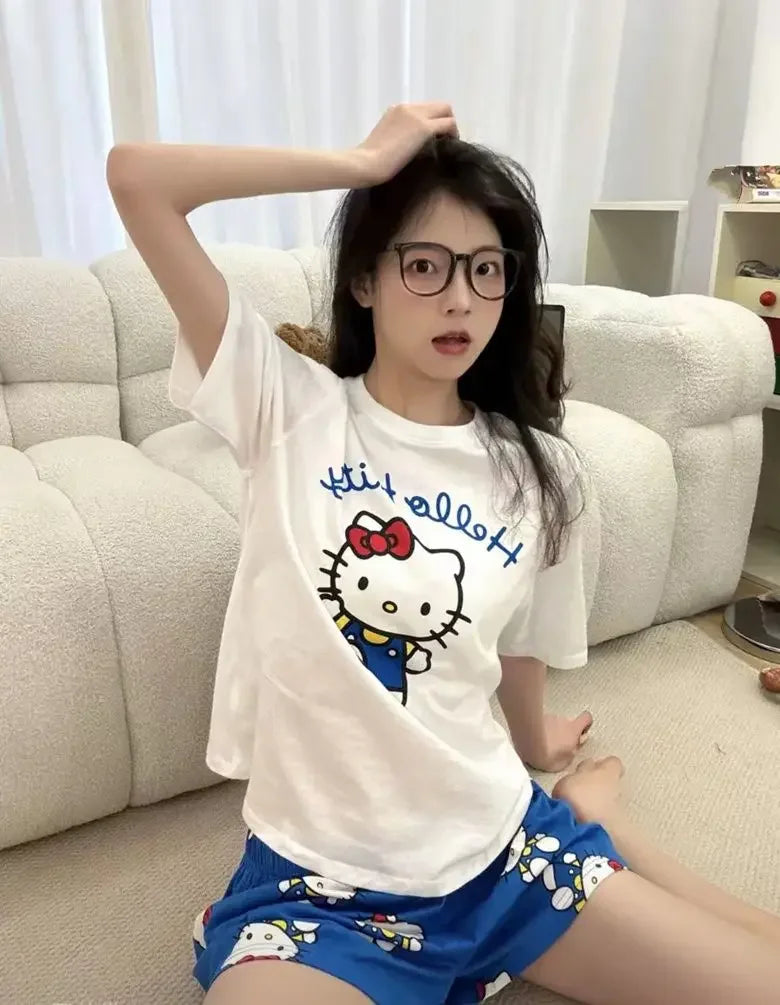 Hello Kitty Summer White & Blue Pajama Set Women's Short Sleeve Shorts with Lace Accents Soft Breathable Loungewear Home Comfort
