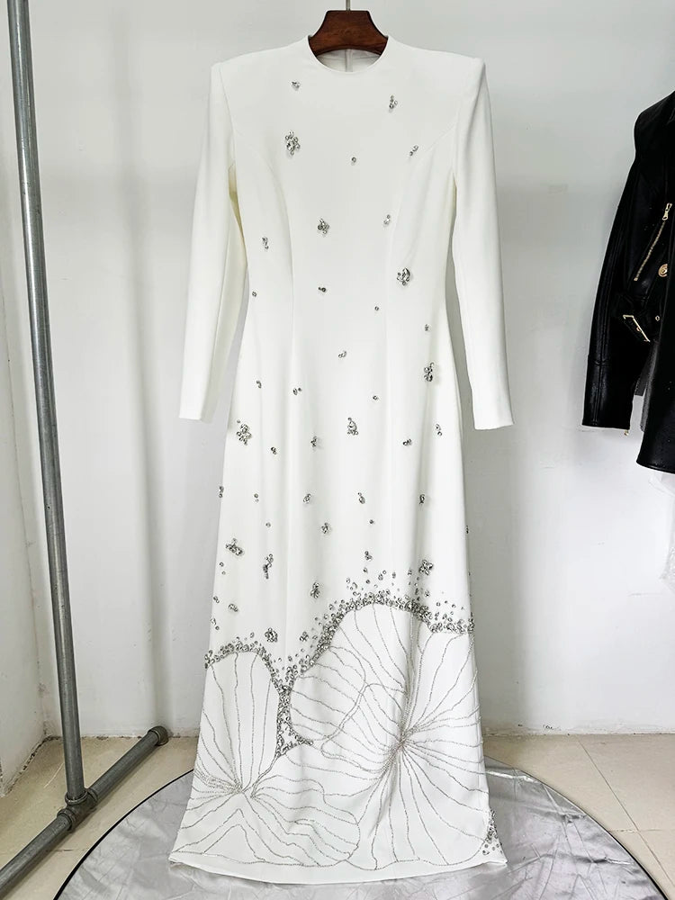 HIGH STREET Newest 2025 Designer Vestido Women's Long Sleeve Luxurious Crystal Diamonds Beaded Long Maxi Dress Badiee Stylez