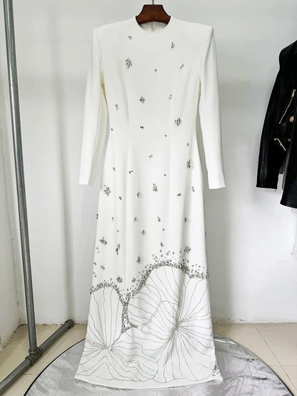 HIGH STREET Newest 2025 Designer Vestido Women's Long Sleeve Luxurious Crystal Diamonds Beaded Long Maxi Dress Badiee Stylez