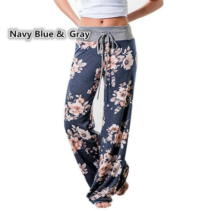 S-8XL Fashion Women Casual Loose Stretch Printing Long Wide Leg Yoga Pants Drawstring Lounge Pants Pajama Pants Navy Blue