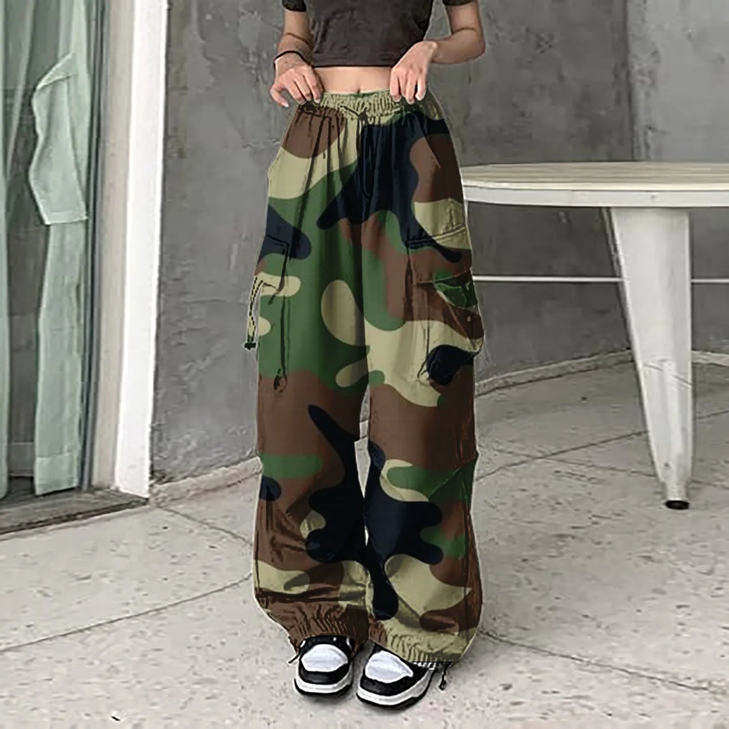 Womens Camouflage Cargo Pants Streetwear Hip Hop Baggy Trousers Casual Drawstring Joggers Pockets Loose Wide Leg Sweatpants green