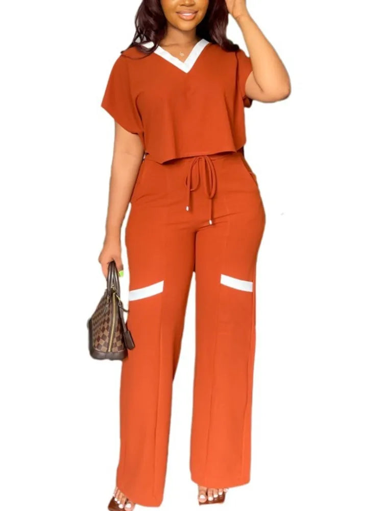 Elegant Women's Casual Short Sleeve T-shirt Sports Suit Summer Fashion Solid V Neck Short Top & Straight Pants Two Piece Sets Orange CHINA
