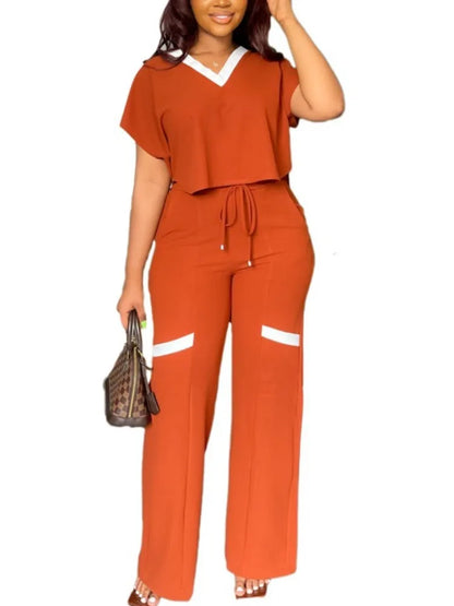 Elegant Women's Casual Short Sleeve T-shirt Sports Suit Summer Fashion Solid V Neck Short Top & Straight Pants Two Piece Sets Orange CHINA